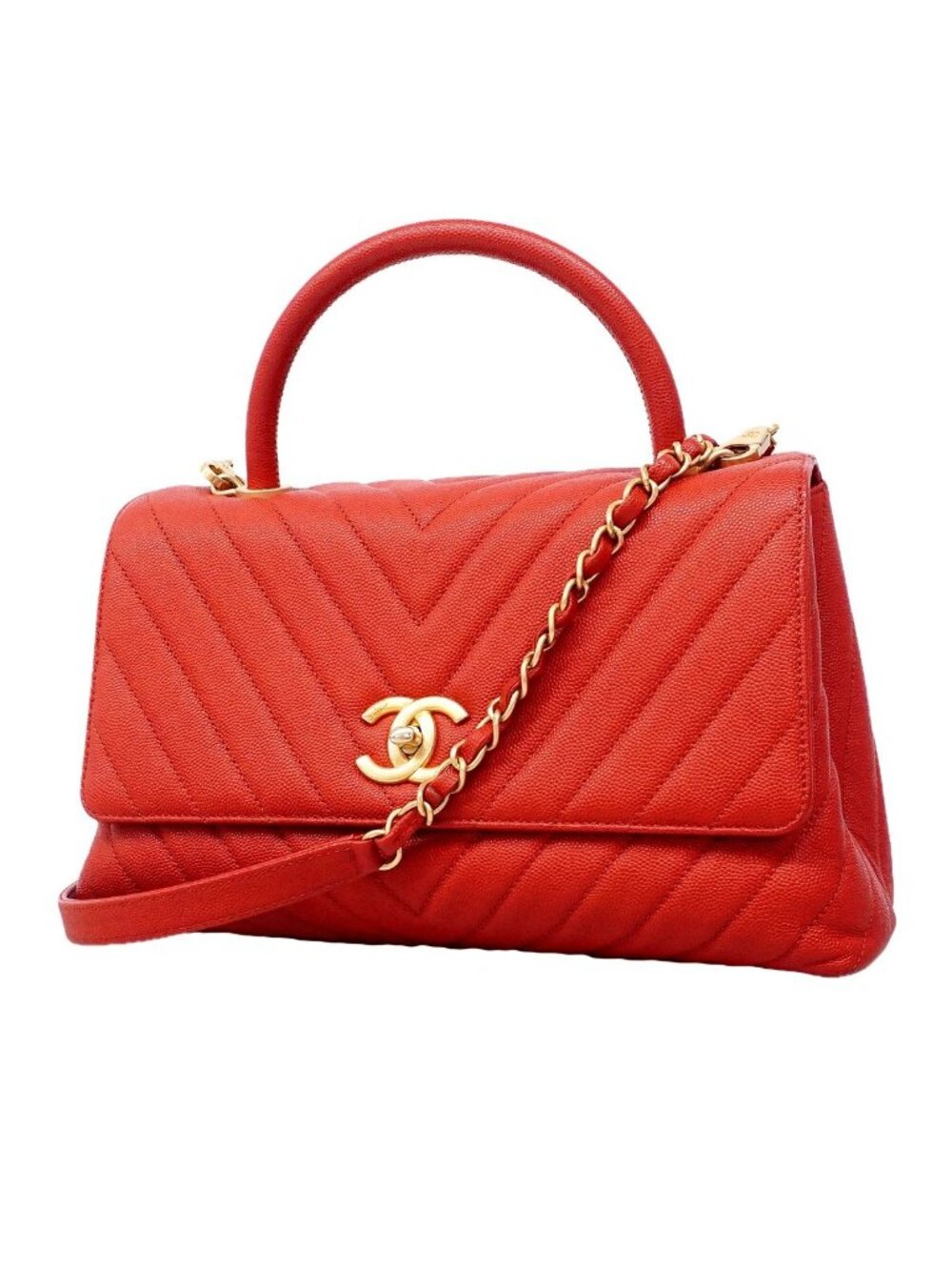 Chanel Handbag Coco Handle Caviar Leather Red Gold 2-Way Bag